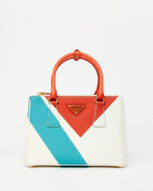 Prada White Orange & Blue Saffiano Leather Special Edition Small Galleria Bag