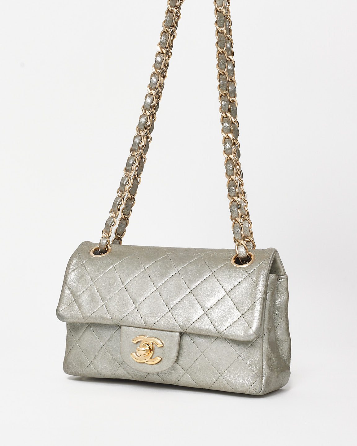 Chanel Silver Leather 4 Grommet Mini Rectangular Single Flap Bag