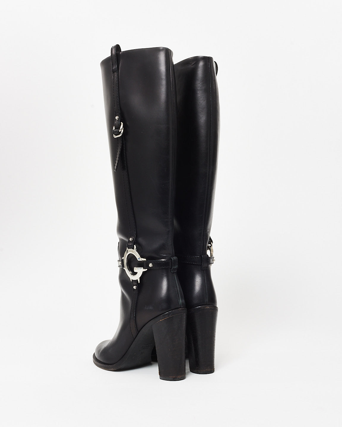 Gucci Black Leather G Buckle Block Heel Boots - 37