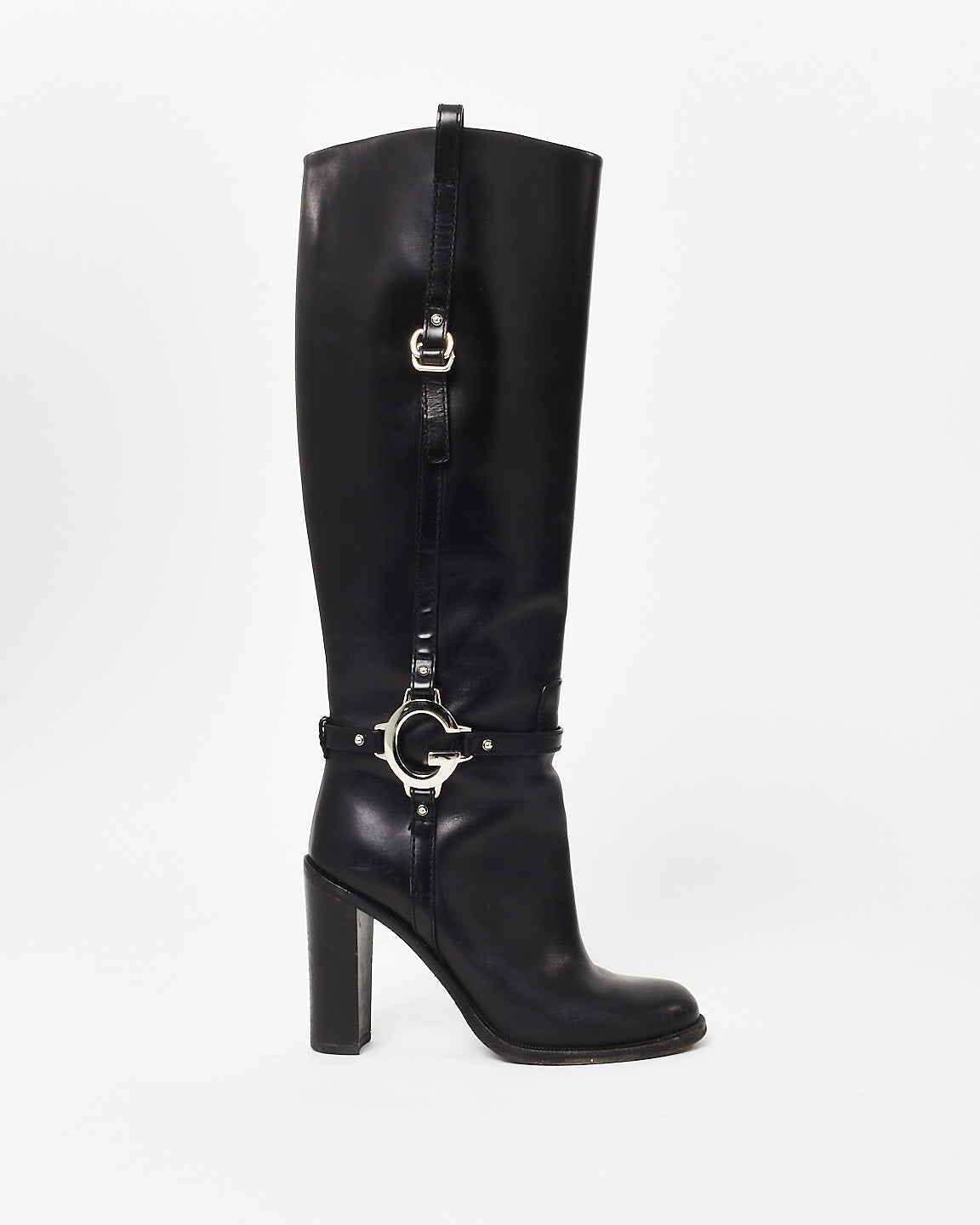 Gucci Black Leather G Buckle Block Heel Boots - 37