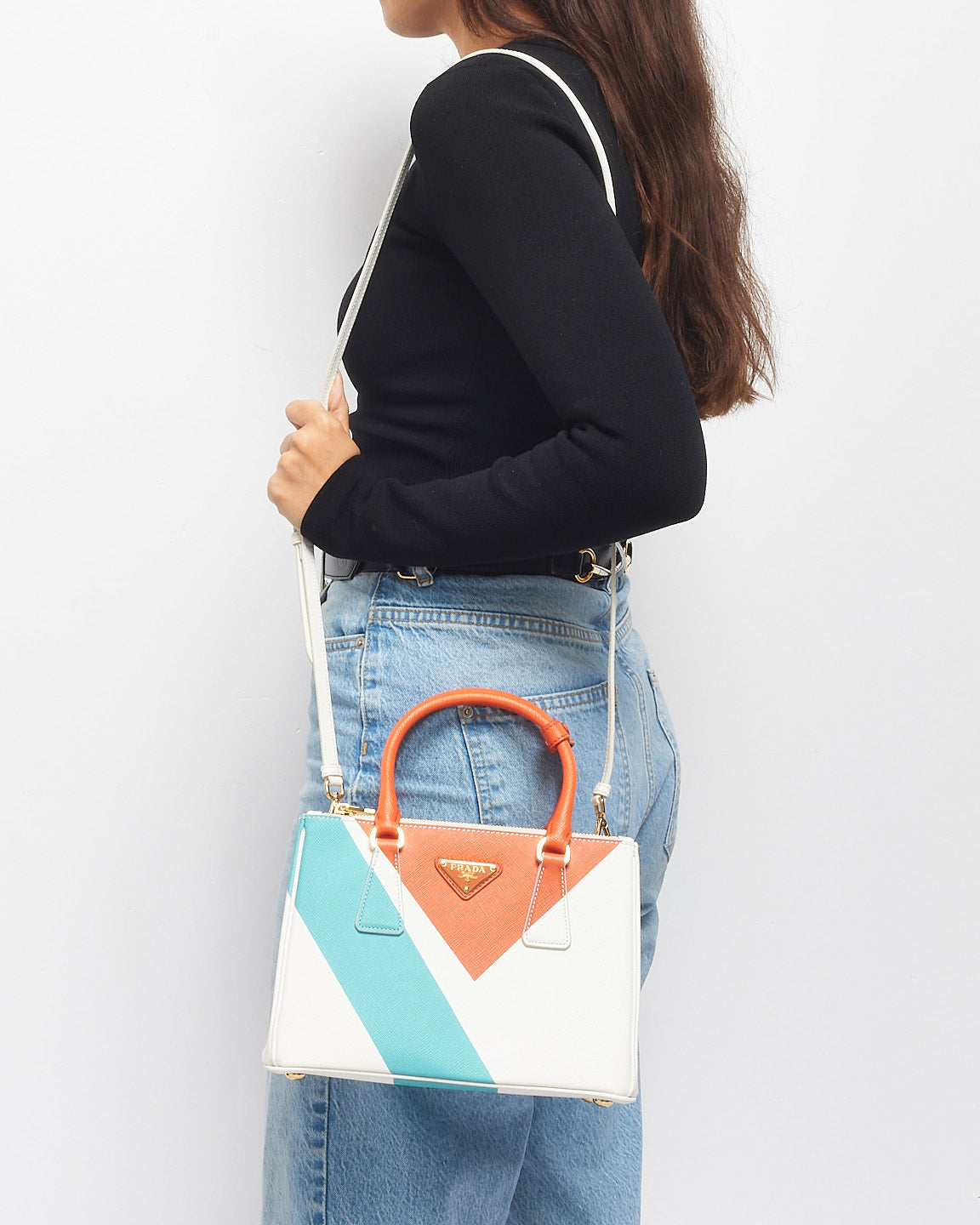 Prada White Orange & Blue Saffiano Leather Special Edition Small Galleria Bag