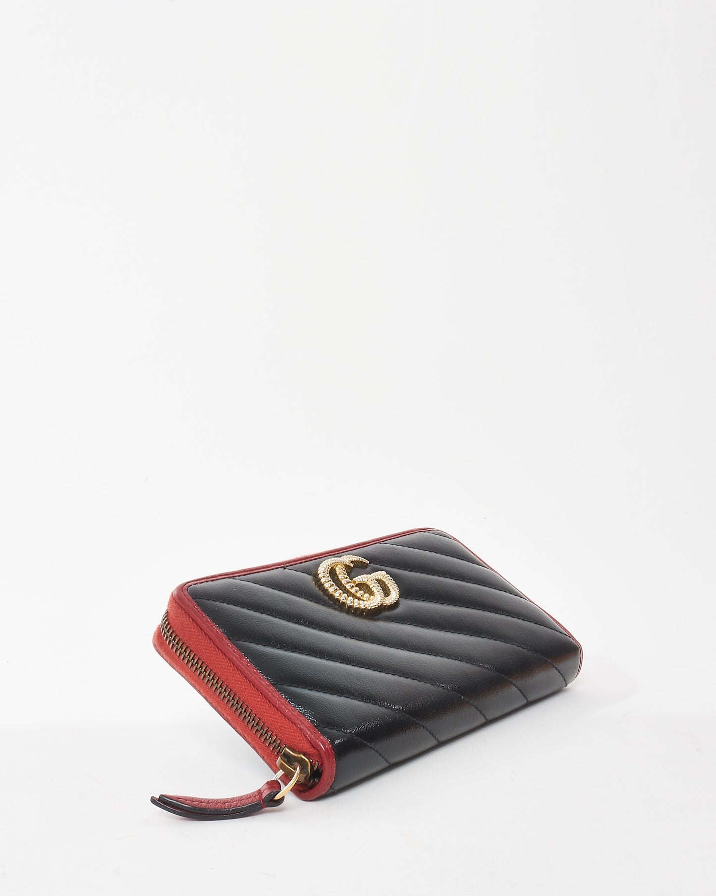 Gucci Black Leather & Red Diagonal Torchon GG Long Zip Wallet