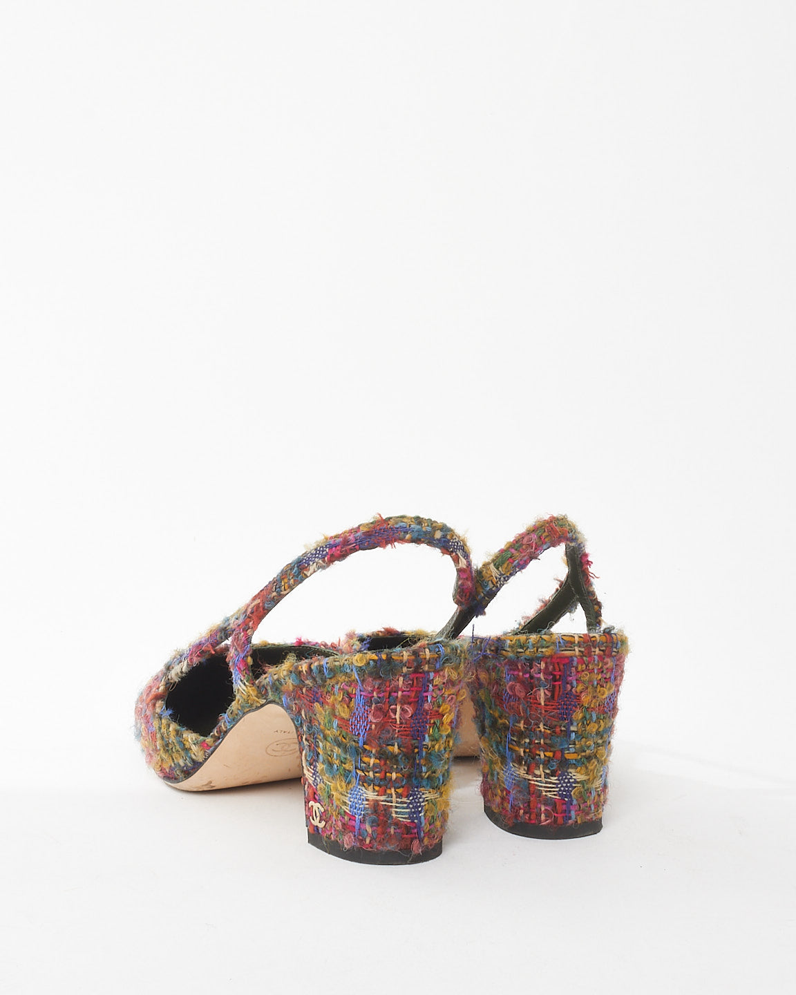 Chanel Army Green Red & Blue Tweed Block Heel Slingbacks - 38C