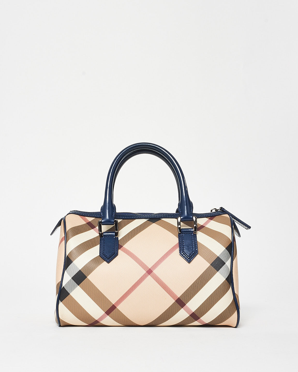 Burberry Coated Canvas Plaid & Navy Boston Bag