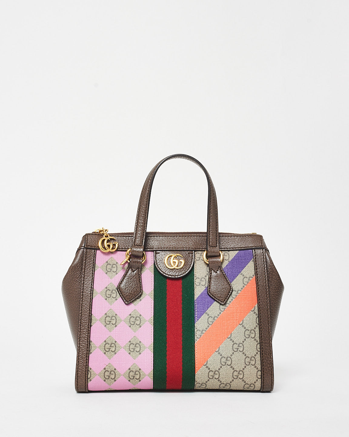 Gucci Monogram Coated Canvas W/ Purple & Orange Small GG Ophidia Tote Bag