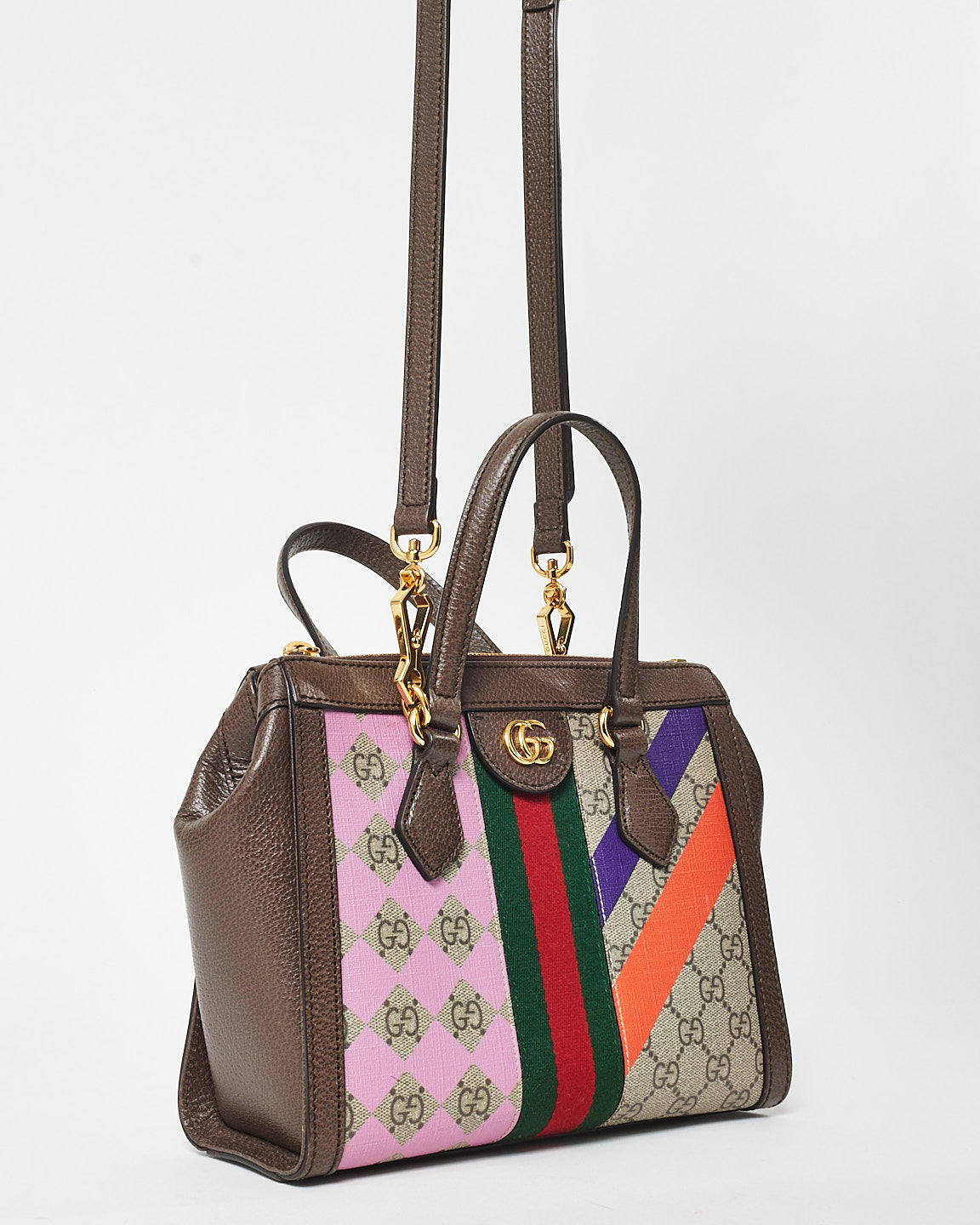 Gucci Monogram Coated Canvas W/ Purple & Orange Small GG Ophidia Tote Bag