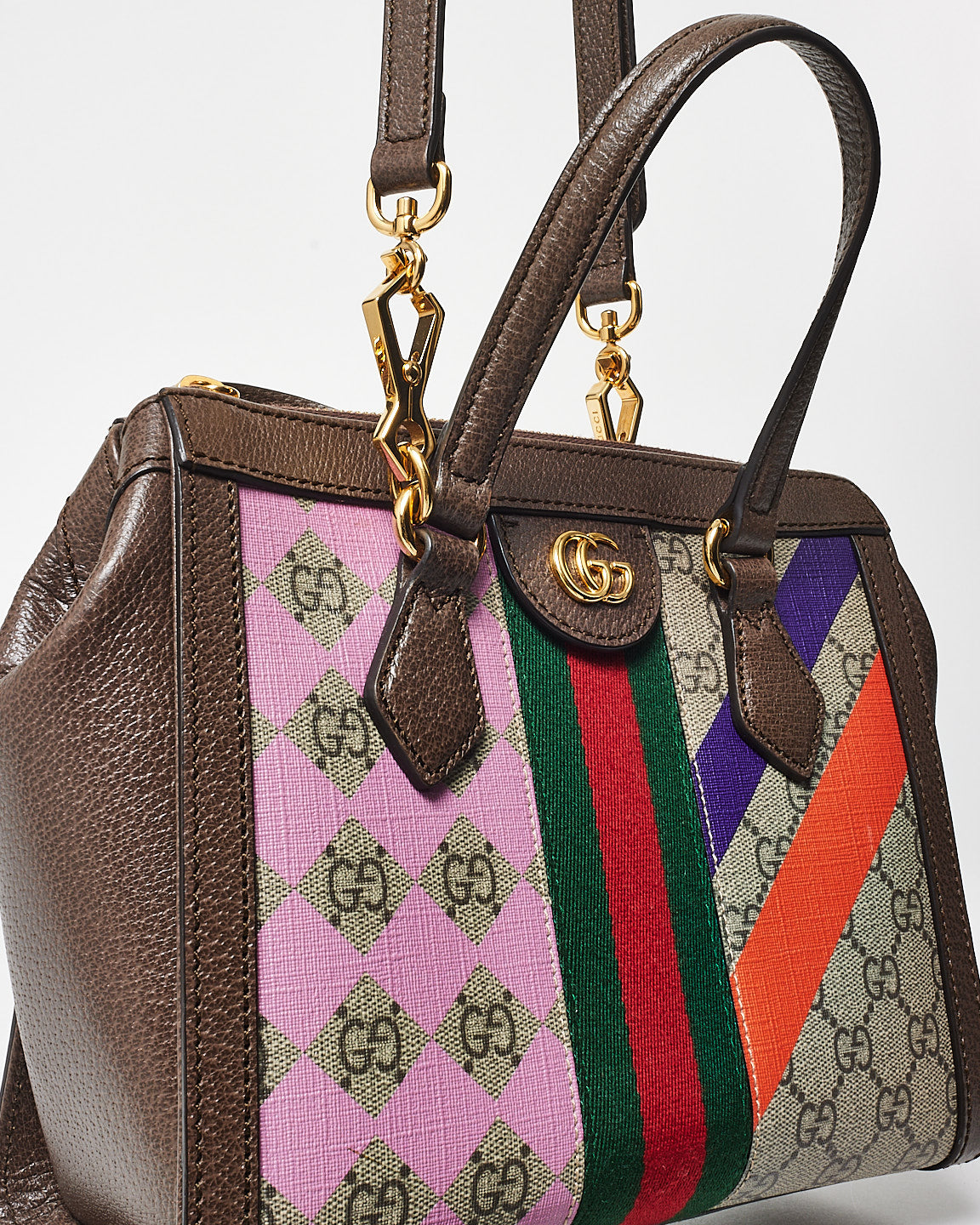 Gucci Monogram Coated Canvas W/ Purple & Orange Small GG Ophidia Tote Bag