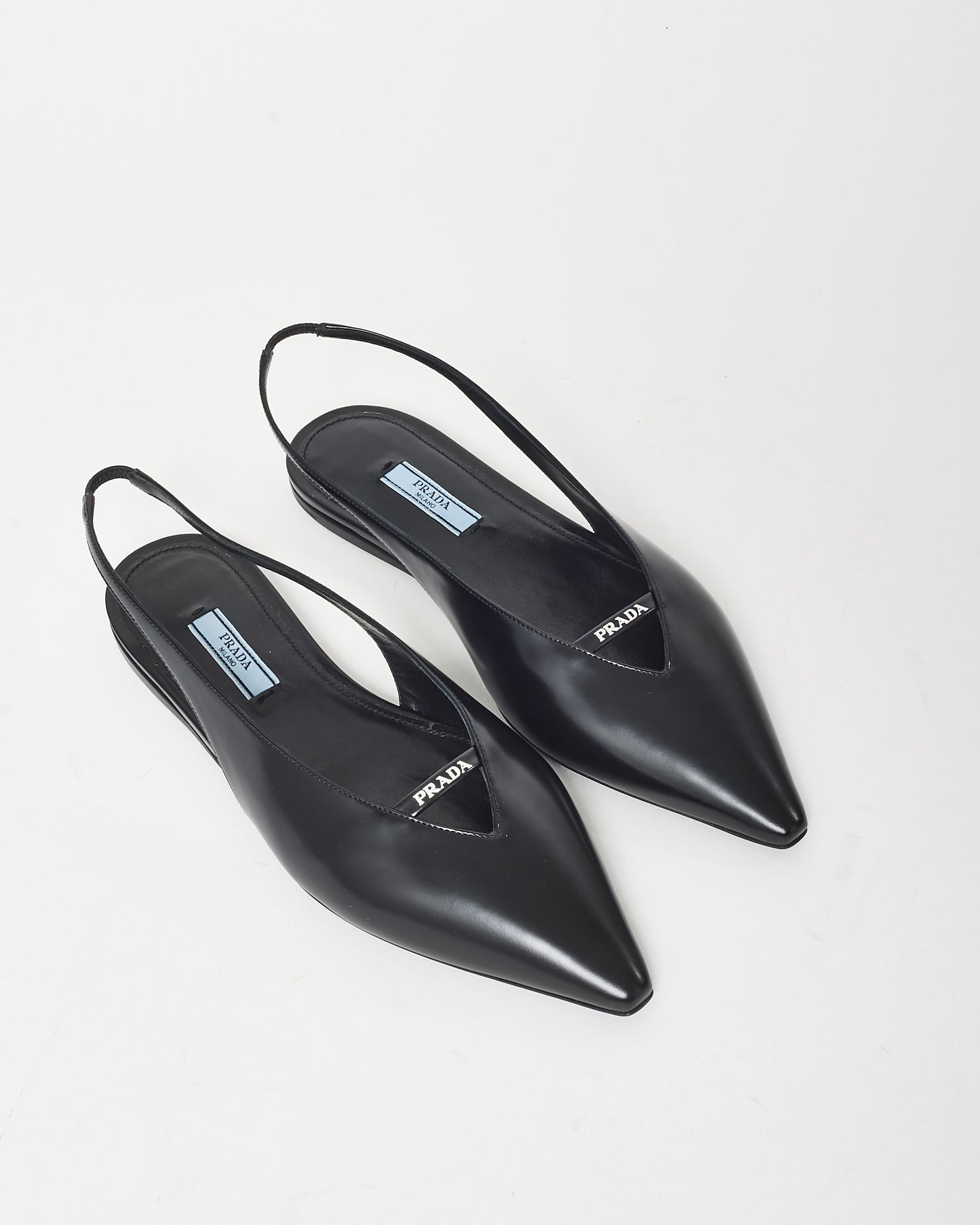 Prada Black Leather Logo Slingback Flats - 38.5