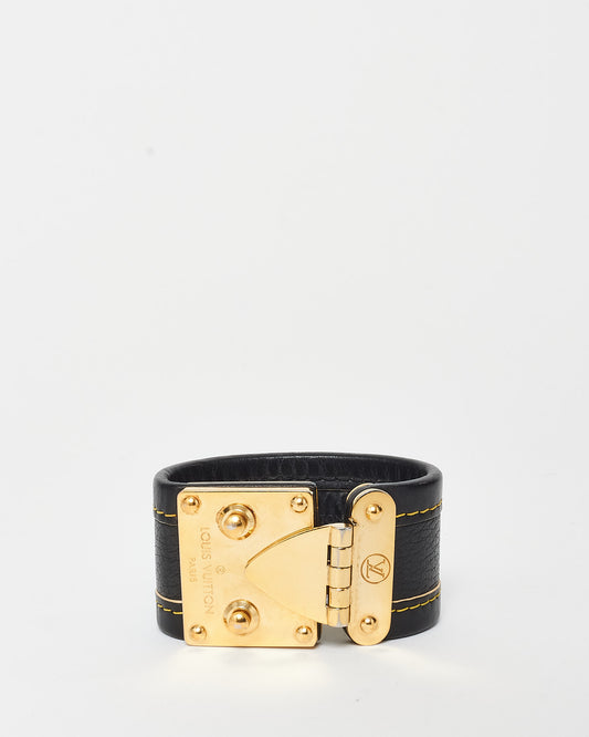 Louis Vuitton Black Suhali Leather S Lock Gold Cuff