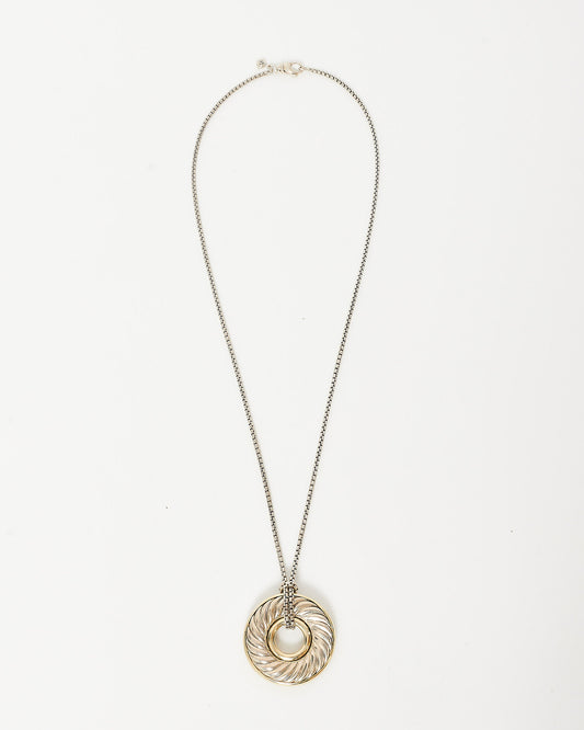 David Yurman Silver & Gold Carved Cable Circle Pendant Necklace