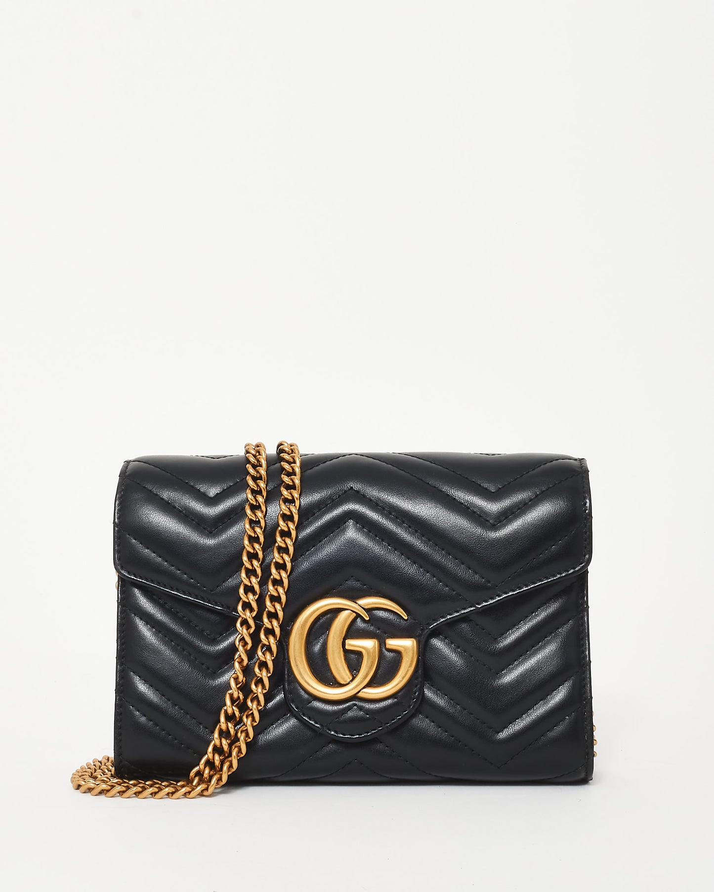 Gucci Black Chevron Leather GG Marmont Wallet On Chain