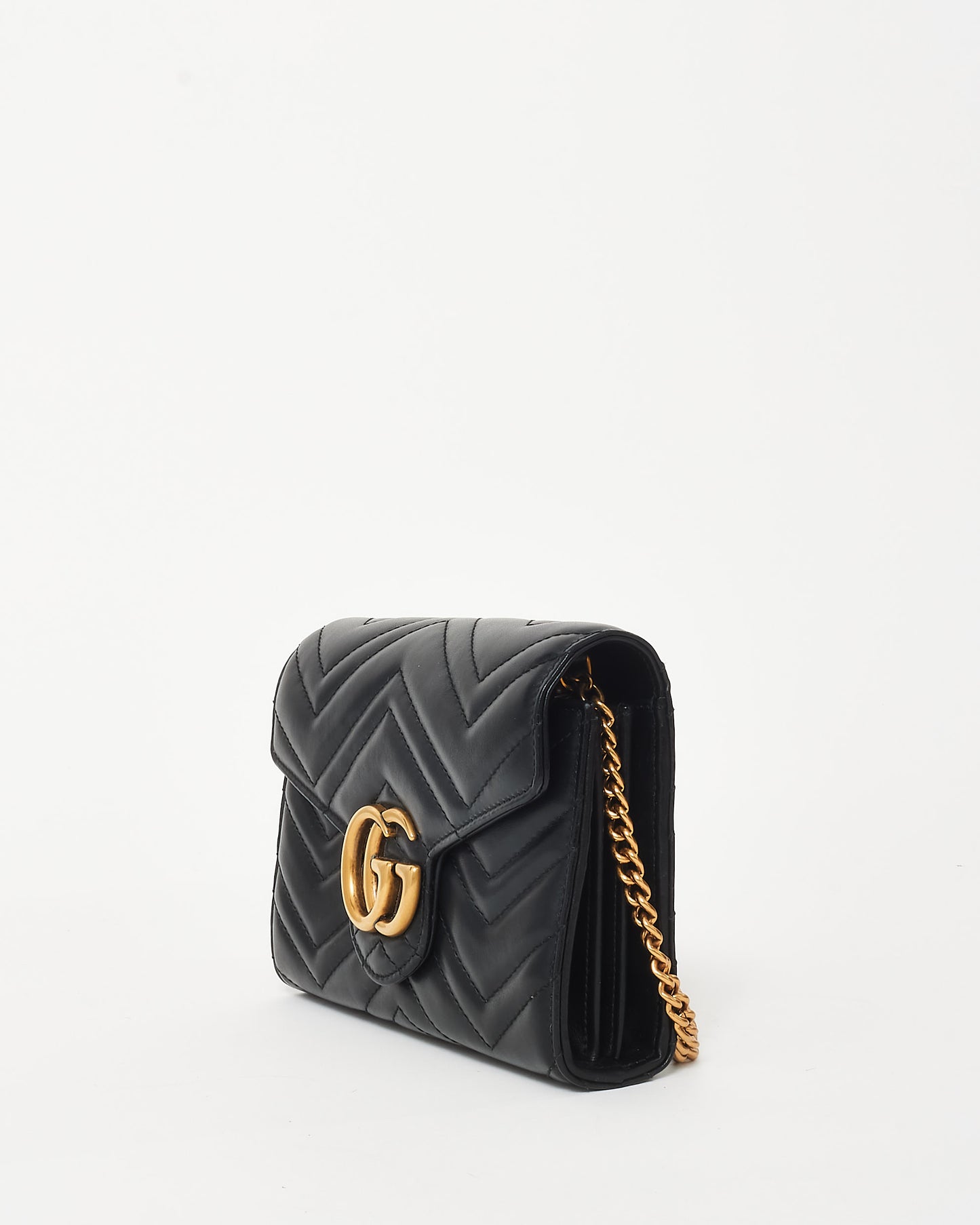 Gucci Black Chevron Leather GG Marmont Wallet On Chain