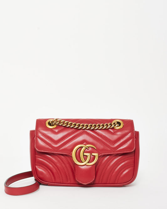 Gucci Red Matelassé Leather GG Marmont Mini Shoulder Bag