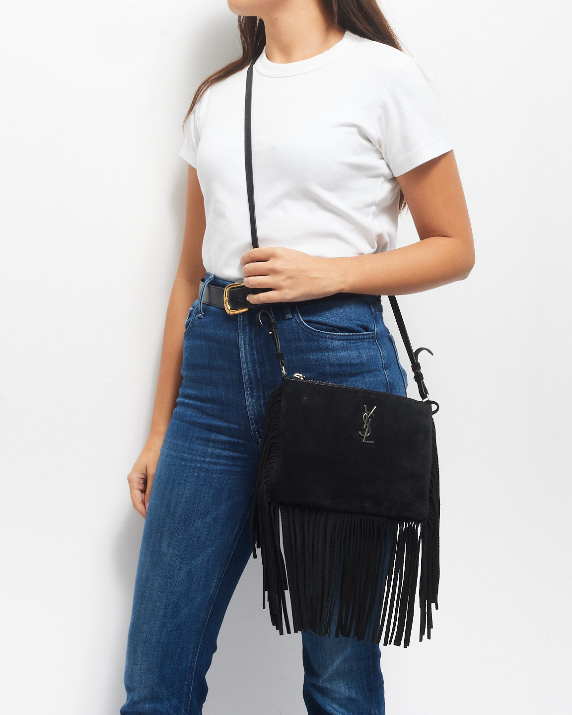 Saint Laurent Black Suede Fringe Logo Crossbody Bag