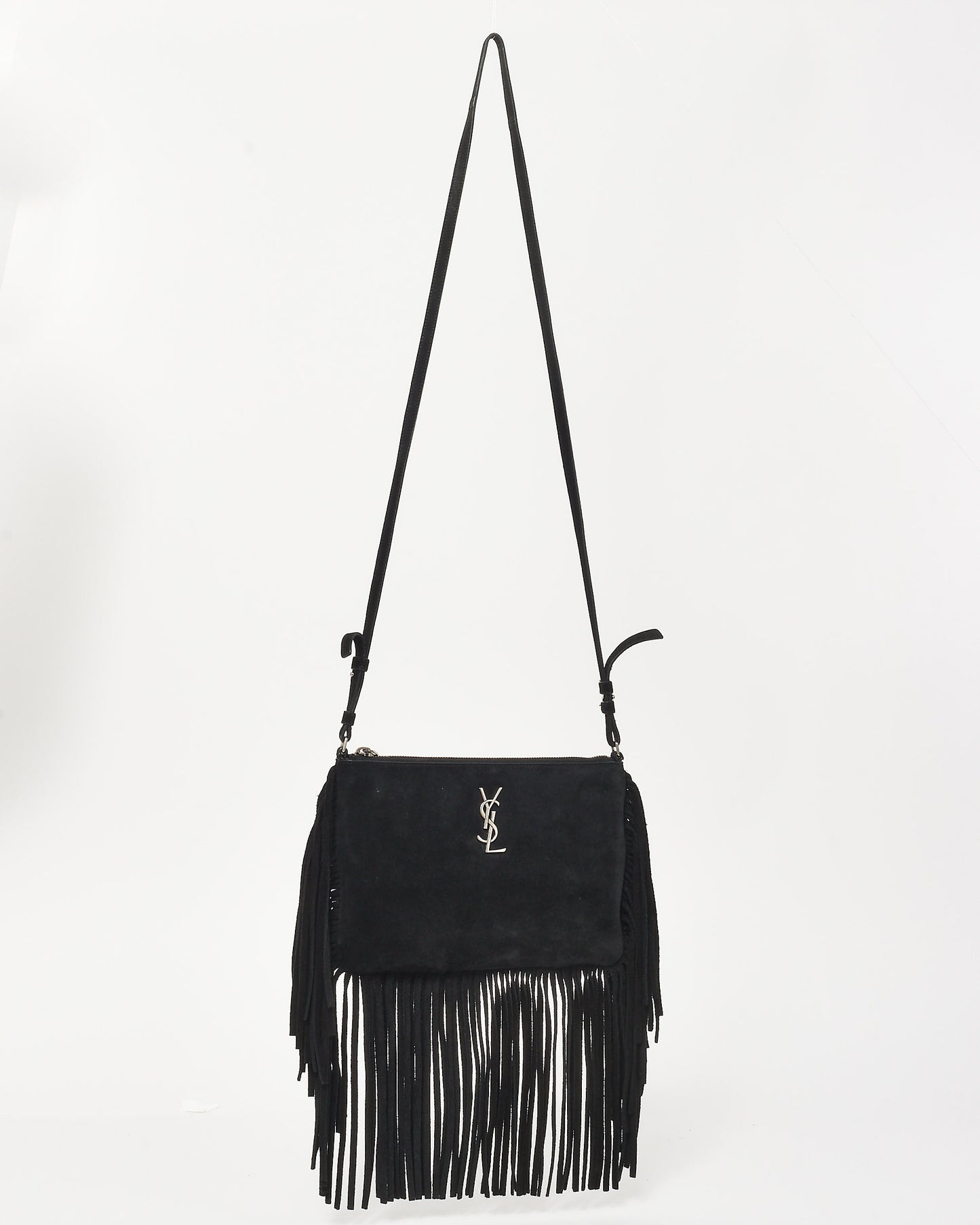 Saint Laurent Black Suede Fringe Logo Crossbody Bag