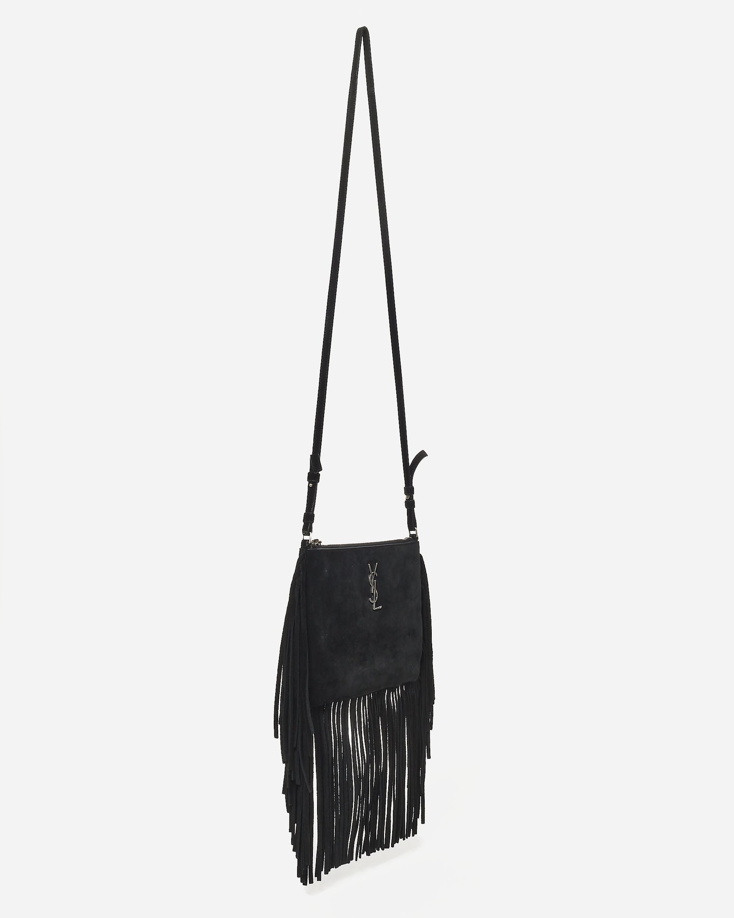 Saint Laurent Black Suede Fringe Logo Crossbody Bag