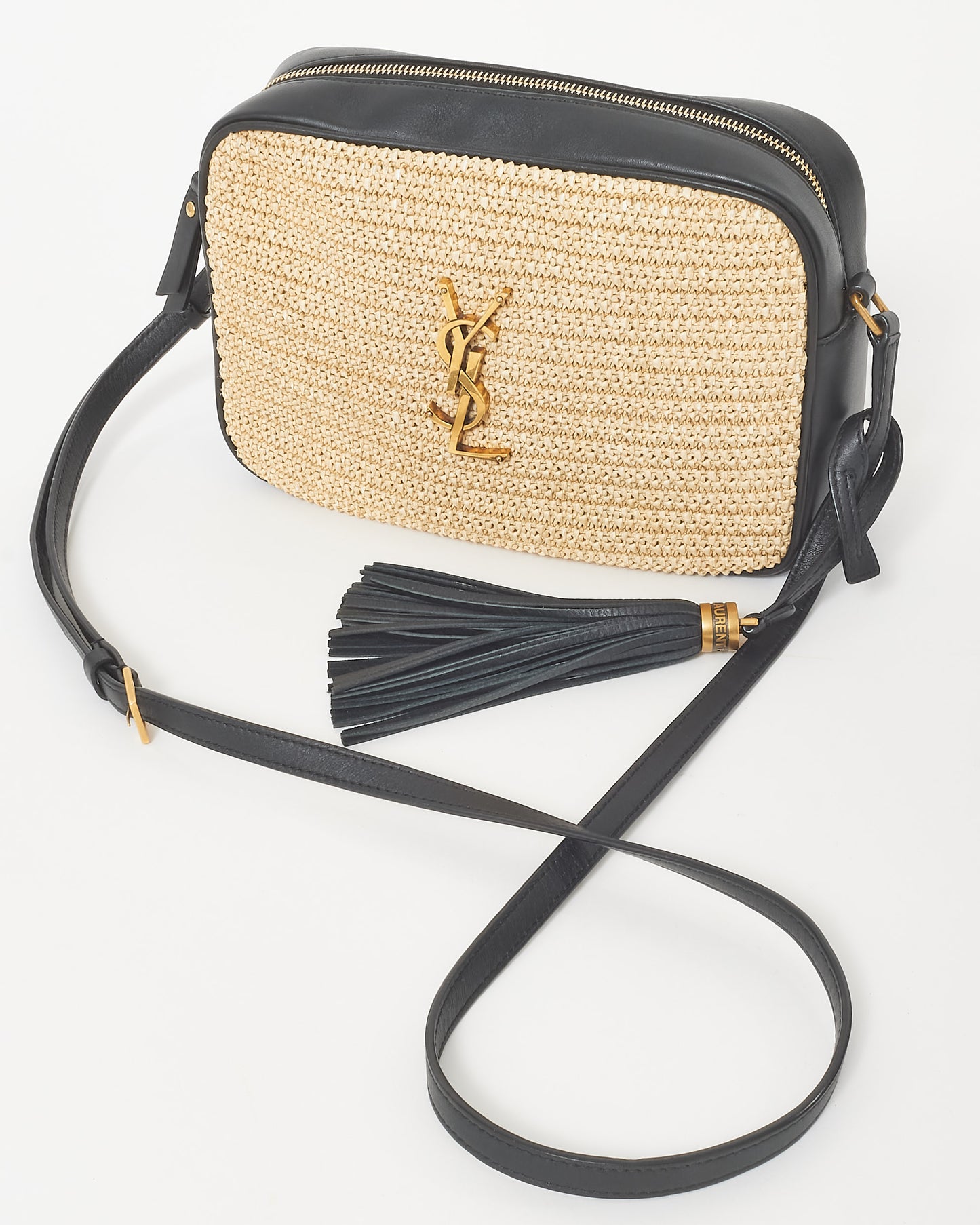 Saint Laurent Beige Raffia & Black Leather GHW Lou Camera Bag