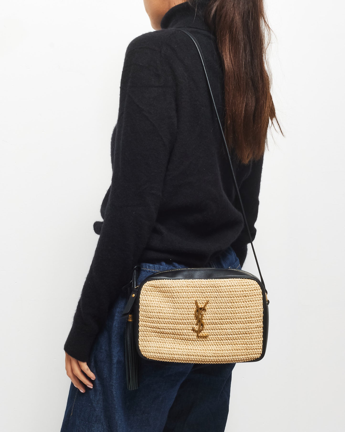 Saint Laurent Beige Raffia & Black Leather GHW Lou Camera Bag