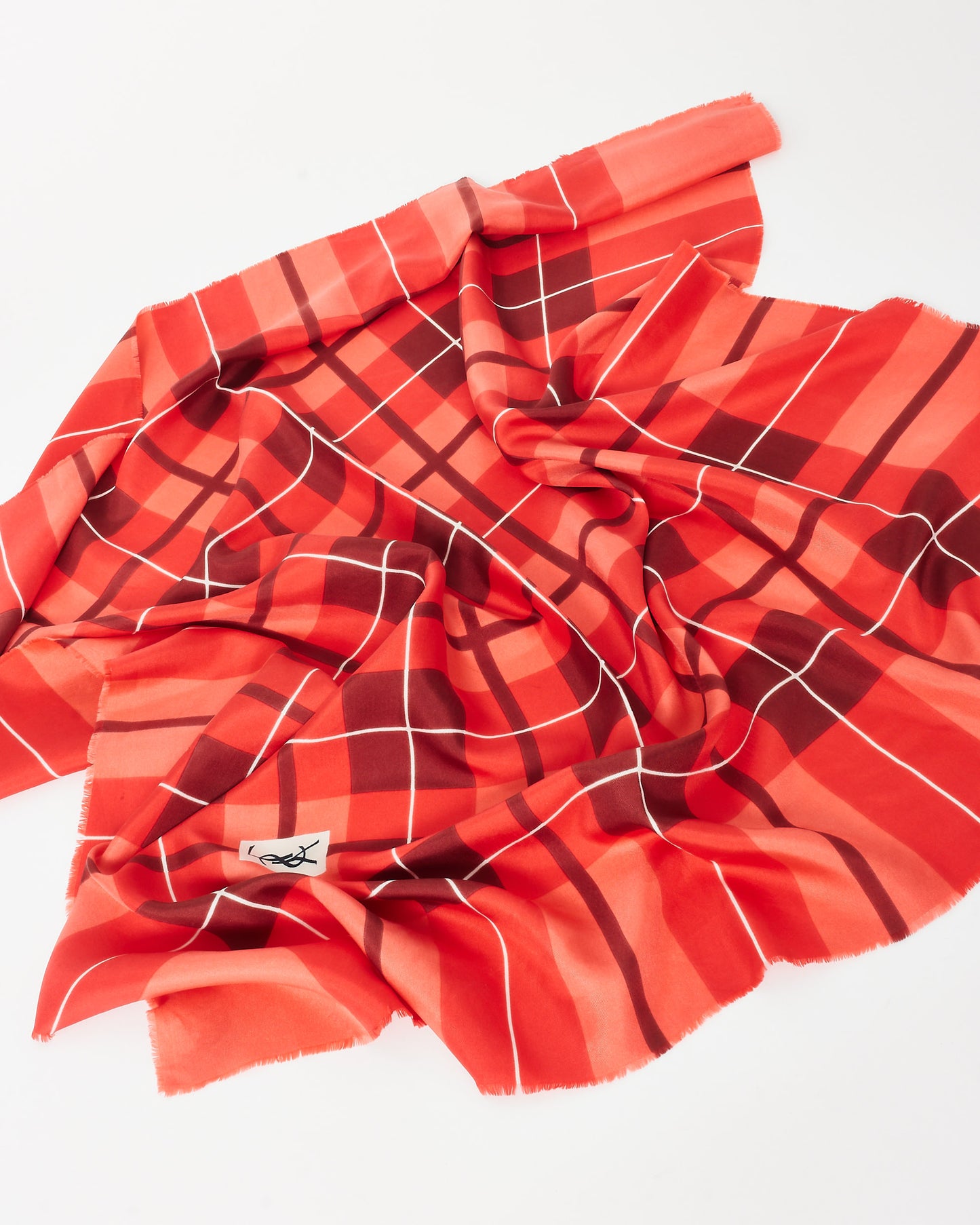 Saint Laurent Red & Pink Plaid Silk Scarf