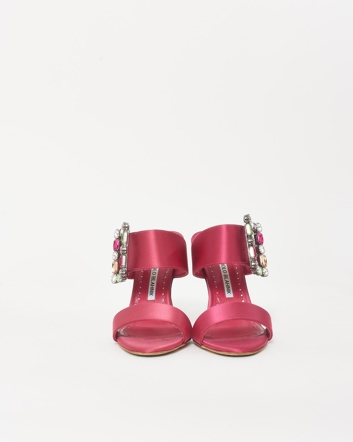 Manolo Blahnik Pink Satin & Multi Color Embellished Buckle Mule Heels - 38