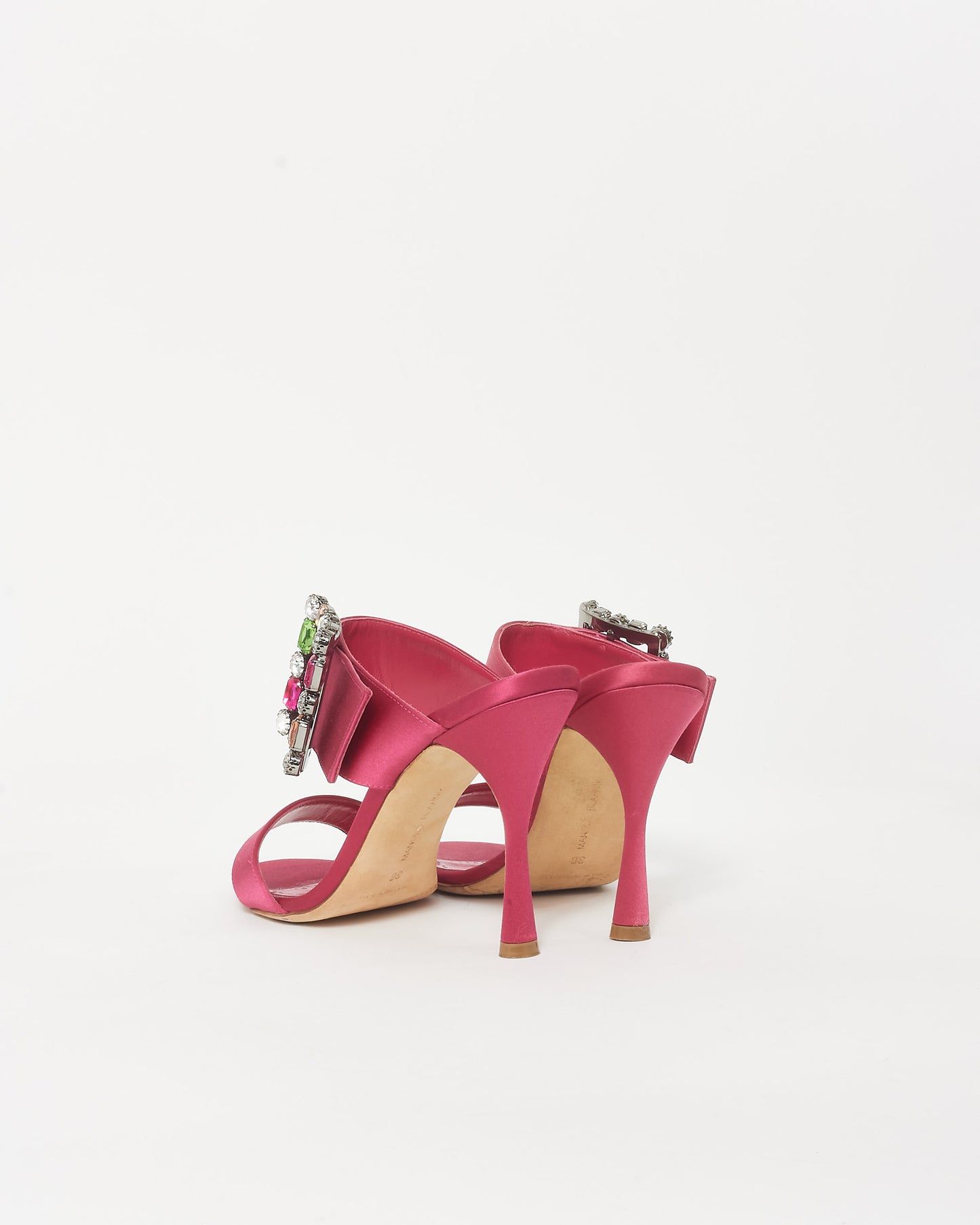 Manolo Blahnik Pink Satin & Multi Color Embellished Buckle Mule Heels - 38