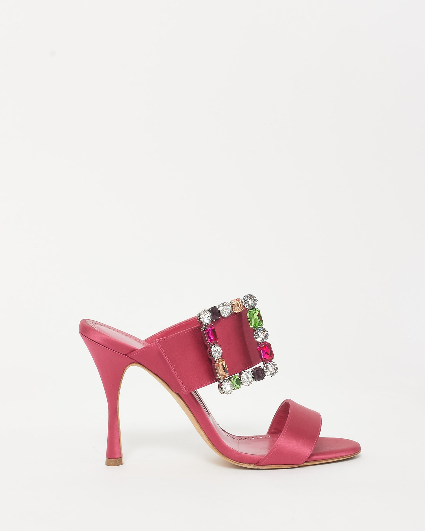 Manolo Blahnik Pink Satin & Multi Color Embellished Buckle Mule Heels - 38