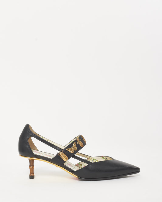 Gucci Black Leather Bee & Butterfly Embellished Bamboo Heel Slingback Pumps - 37