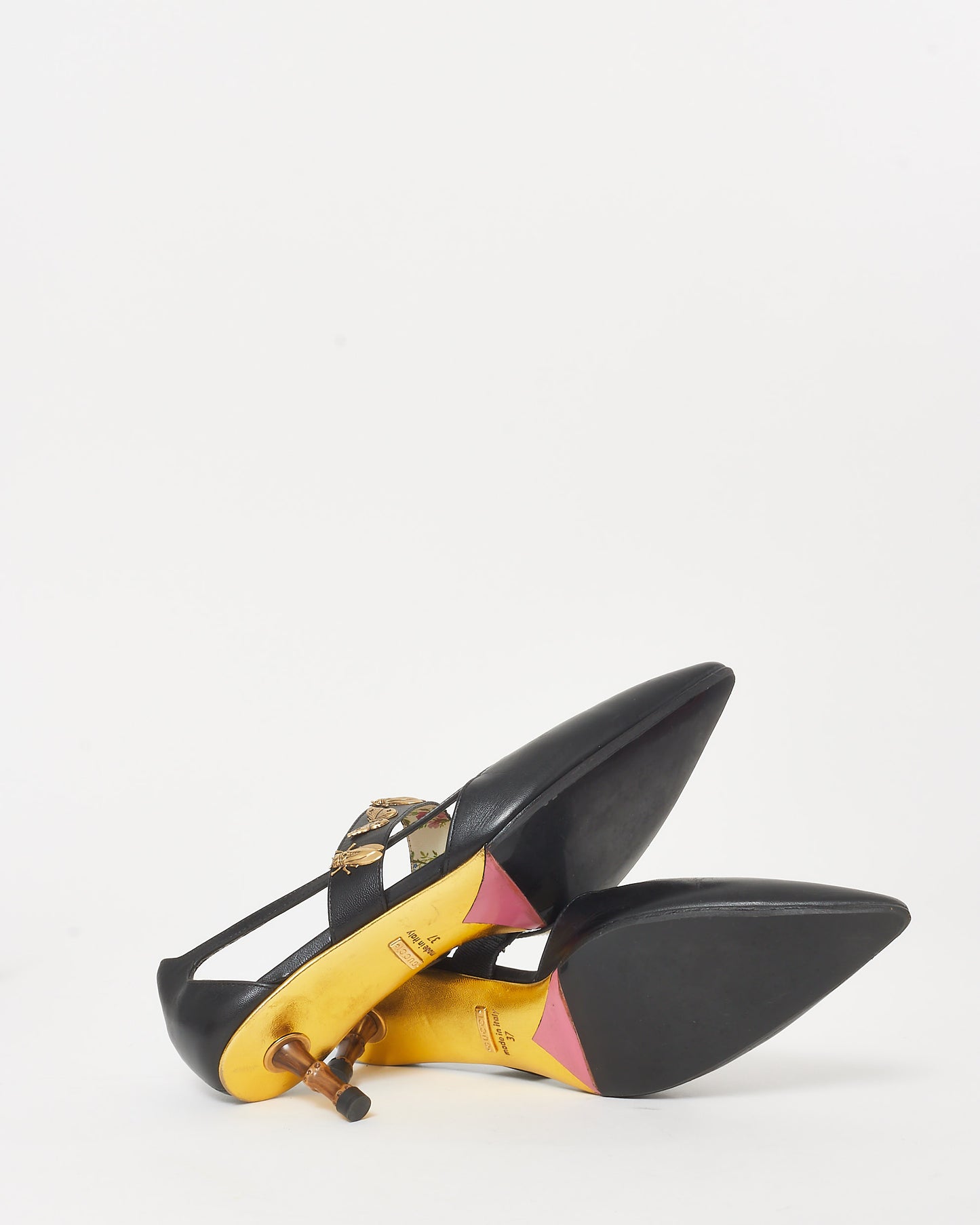 Gucci Black Leather Bee & Butterfly Embellished Bamboo Heel Slingback Pumps - 37