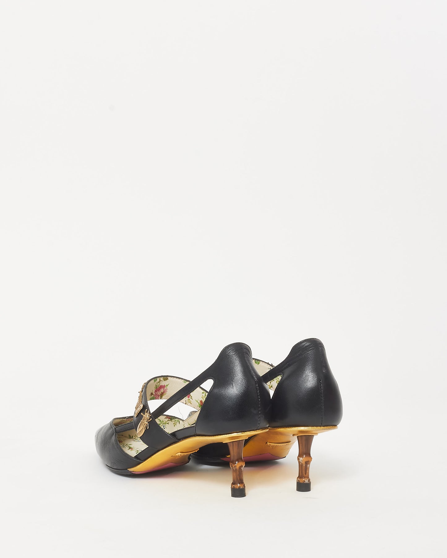 Gucci Black Leather Bee & Butterfly Embellished Bamboo Heel Slingback Pumps - 37