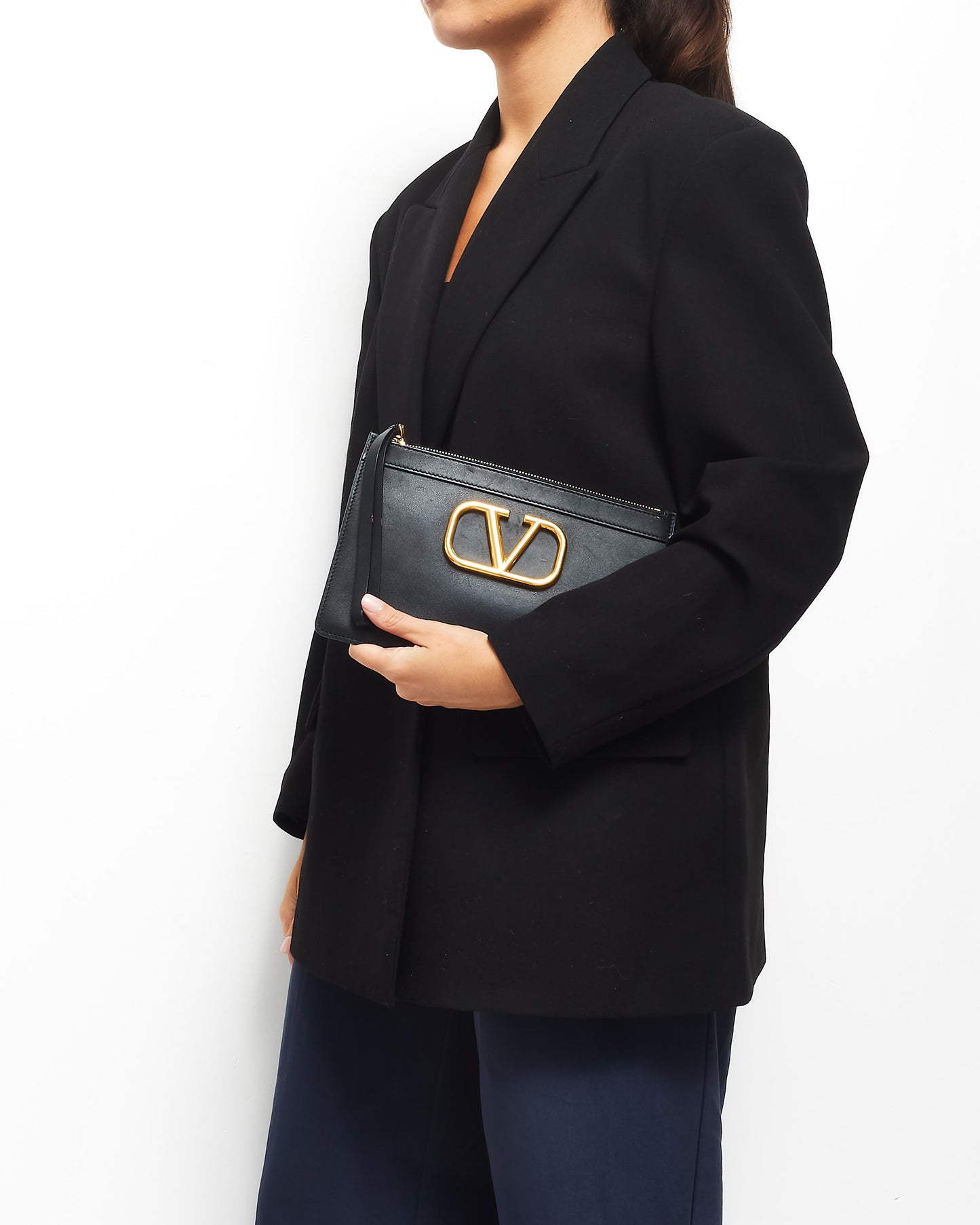 Valentino Black Leather V Logo Wristlet Clutch