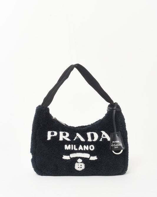 Prada Black Shearling & White Logo 2000 Re Edition Shoulder Bag