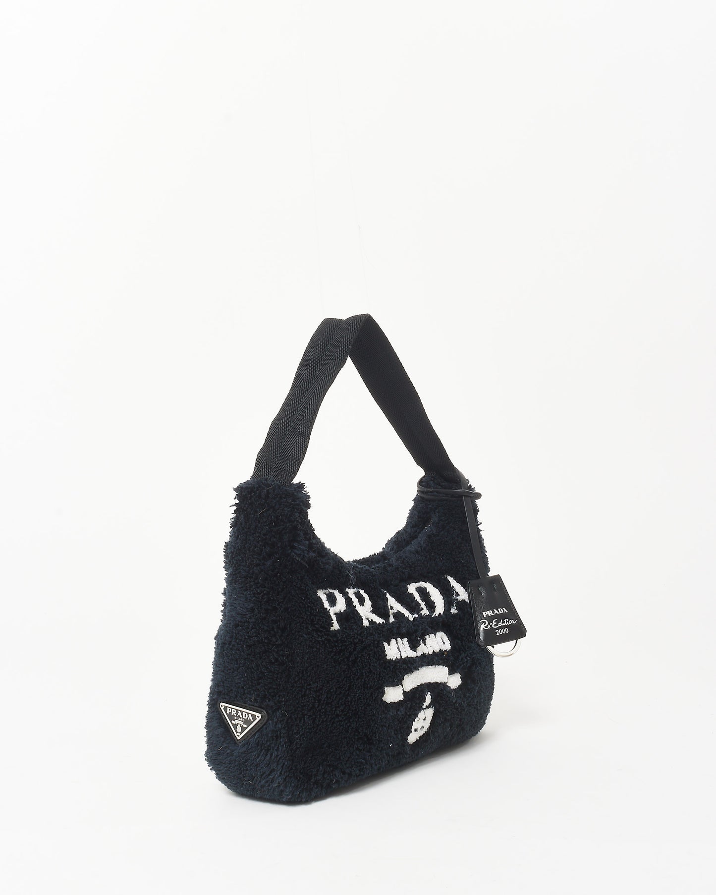 Prada Black Shearling & White Logo 2000 Re Edition Shoulder Bag