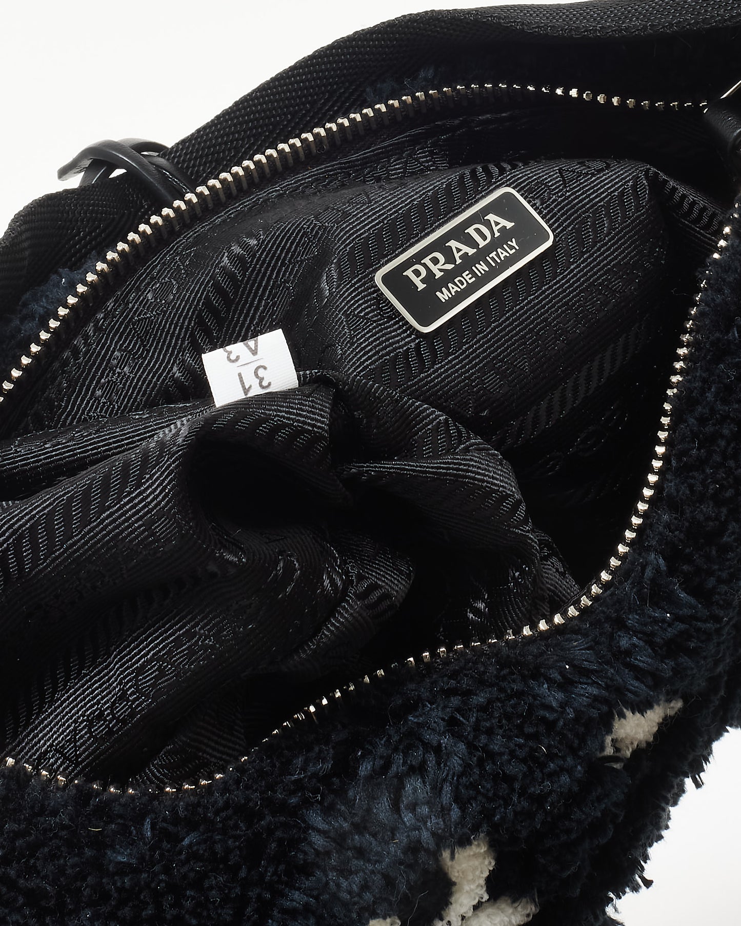 Prada Black Shearling & White Logo 2000 Re Edition Shoulder Bag