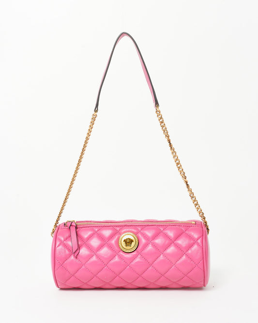 Versace Pink Leather & Gold Medusa Head Cylindrical Shoulder Bag