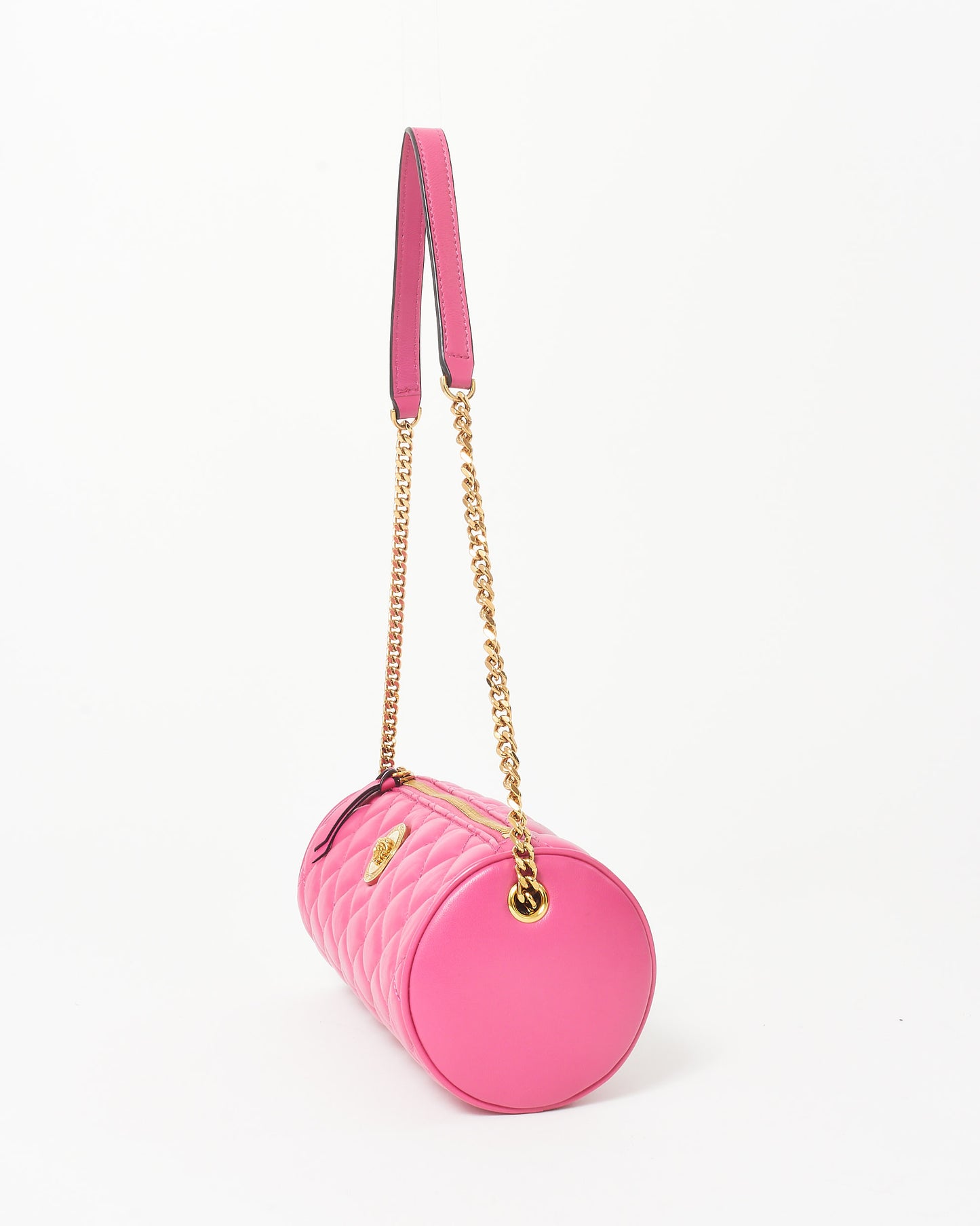 Versace Pink Leather & Gold Medusa Head Cylindrical Shoulder Bag