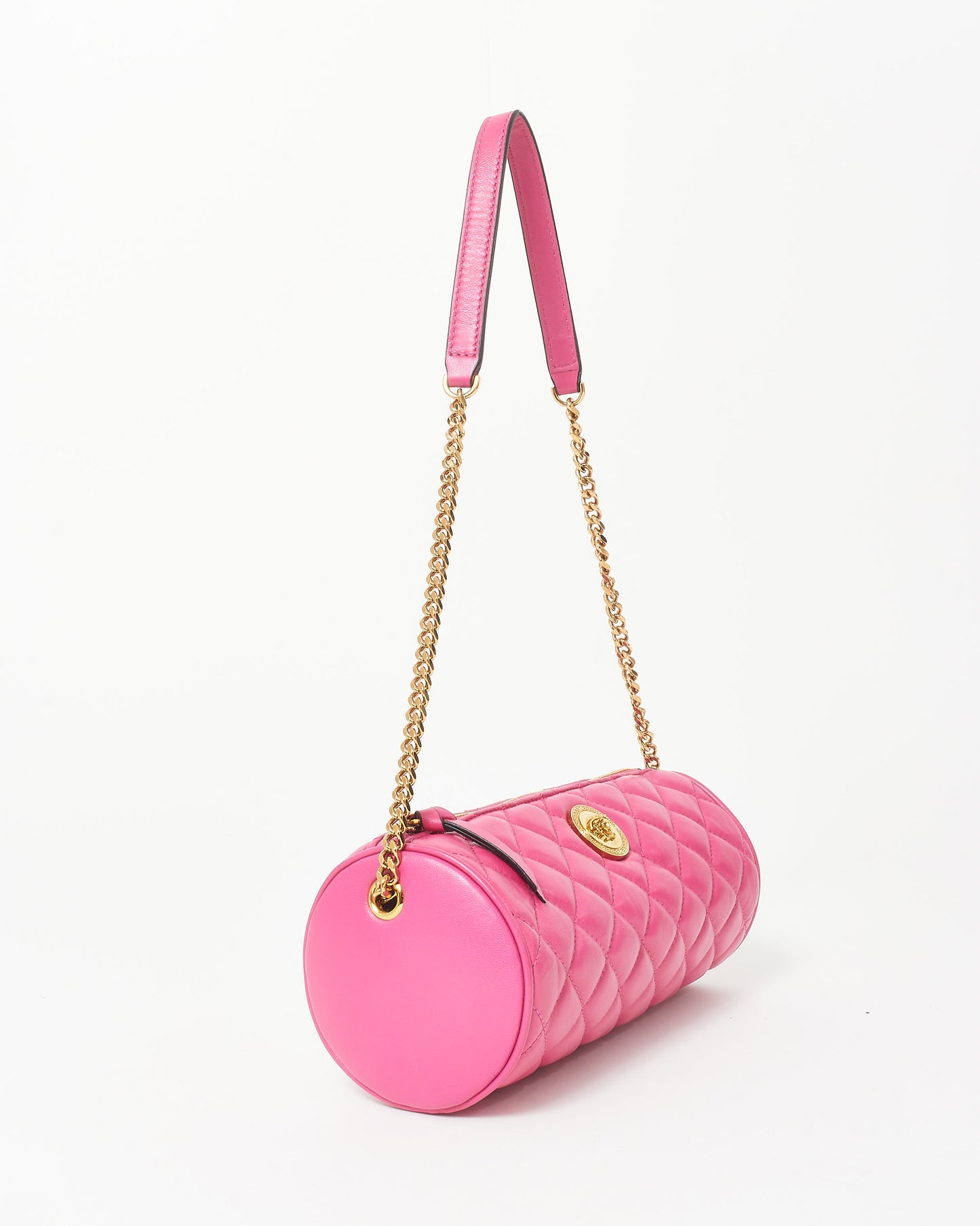 Versace Pink Leather & Gold Medusa Head Cylindrical Shoulder Bag