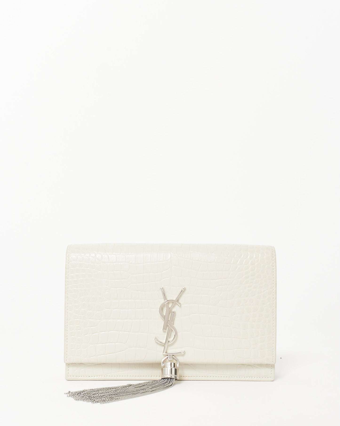 Saint Laurent Cream Croc Embossed SHW Small Kate Tassel Chain Bag