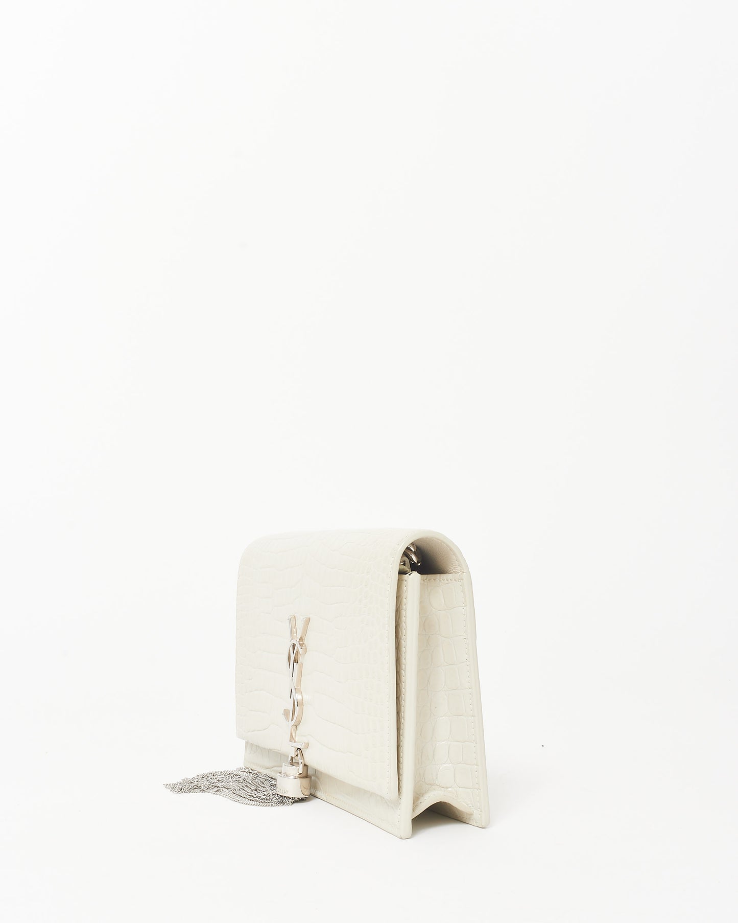 Saint Laurent Cream Croc Embossed SHW Small Kate Tassel Chain Bag