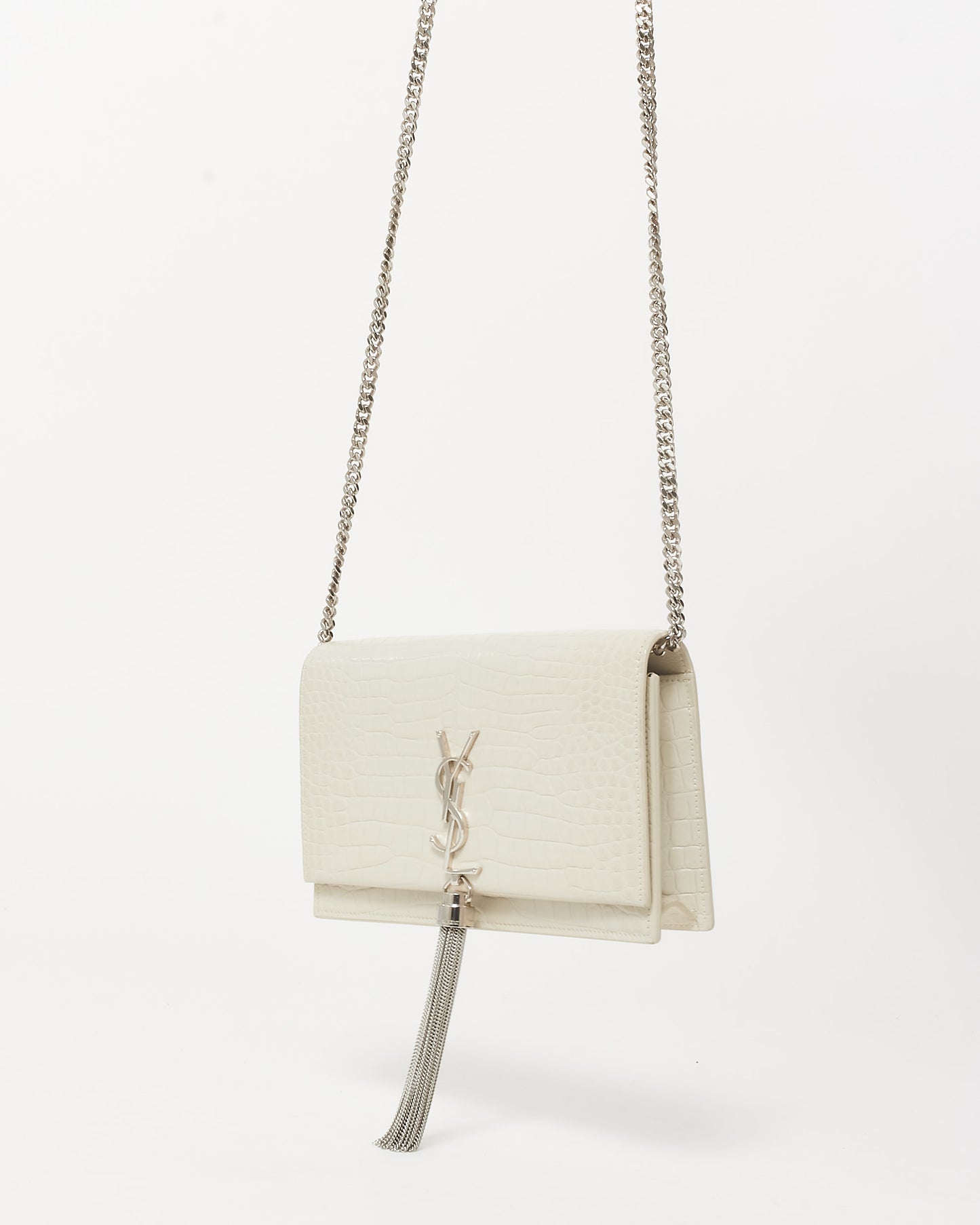 Saint Laurent Cream Croc Embossed SHW Small Kate Tassel Chain Bag