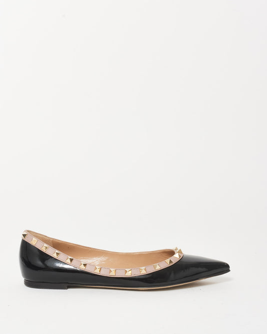 Valentino Black Patent Leather & Rockstud Pointed Toe Ballerina Flats - 38.5