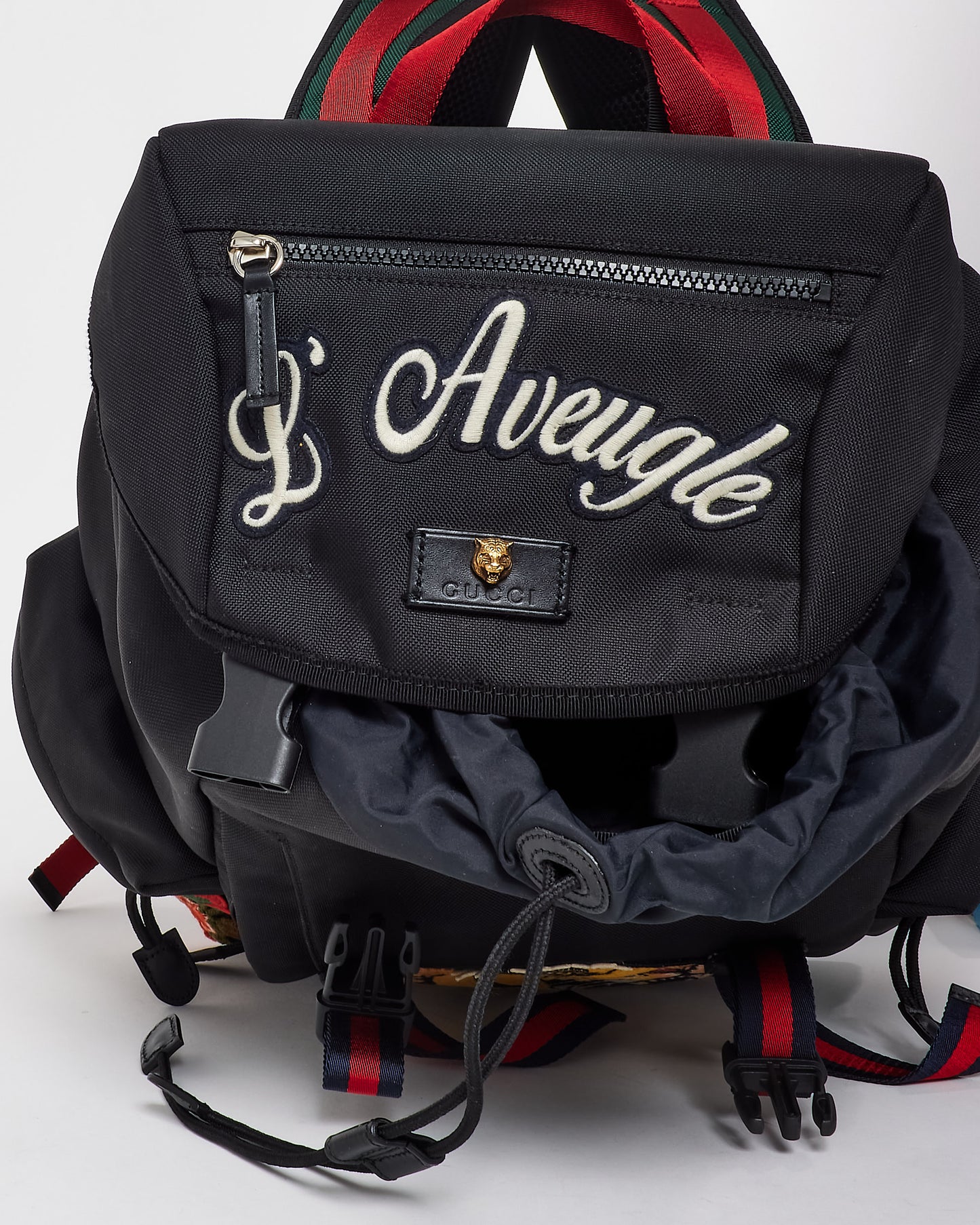 Gucci Black Canvas Embroidered Patch L'Aveugle Par Amour Buckle Backpack