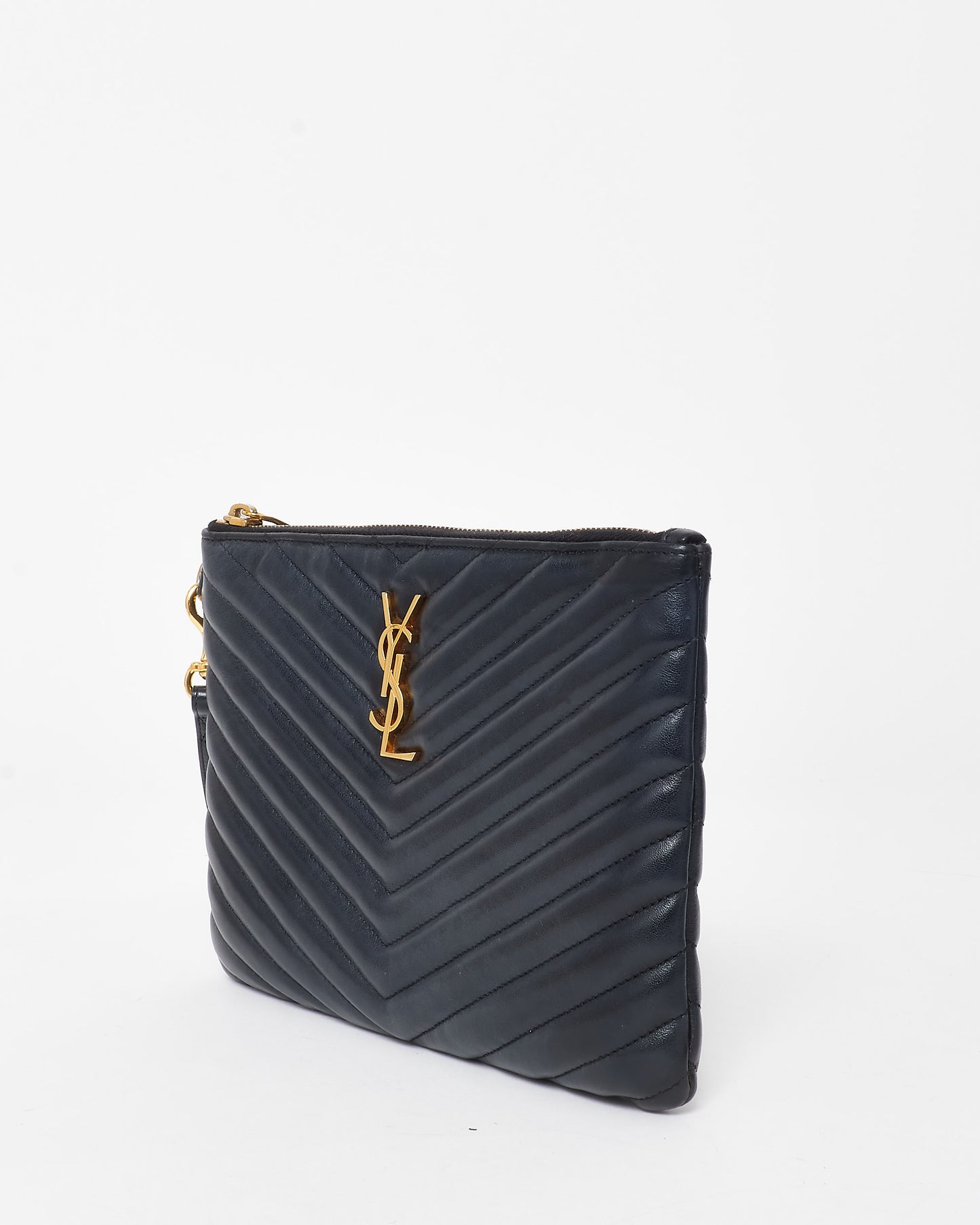 Saint Laurent Black Chevron Matelassé Leather Logo Cassandre Wristlet Pouch