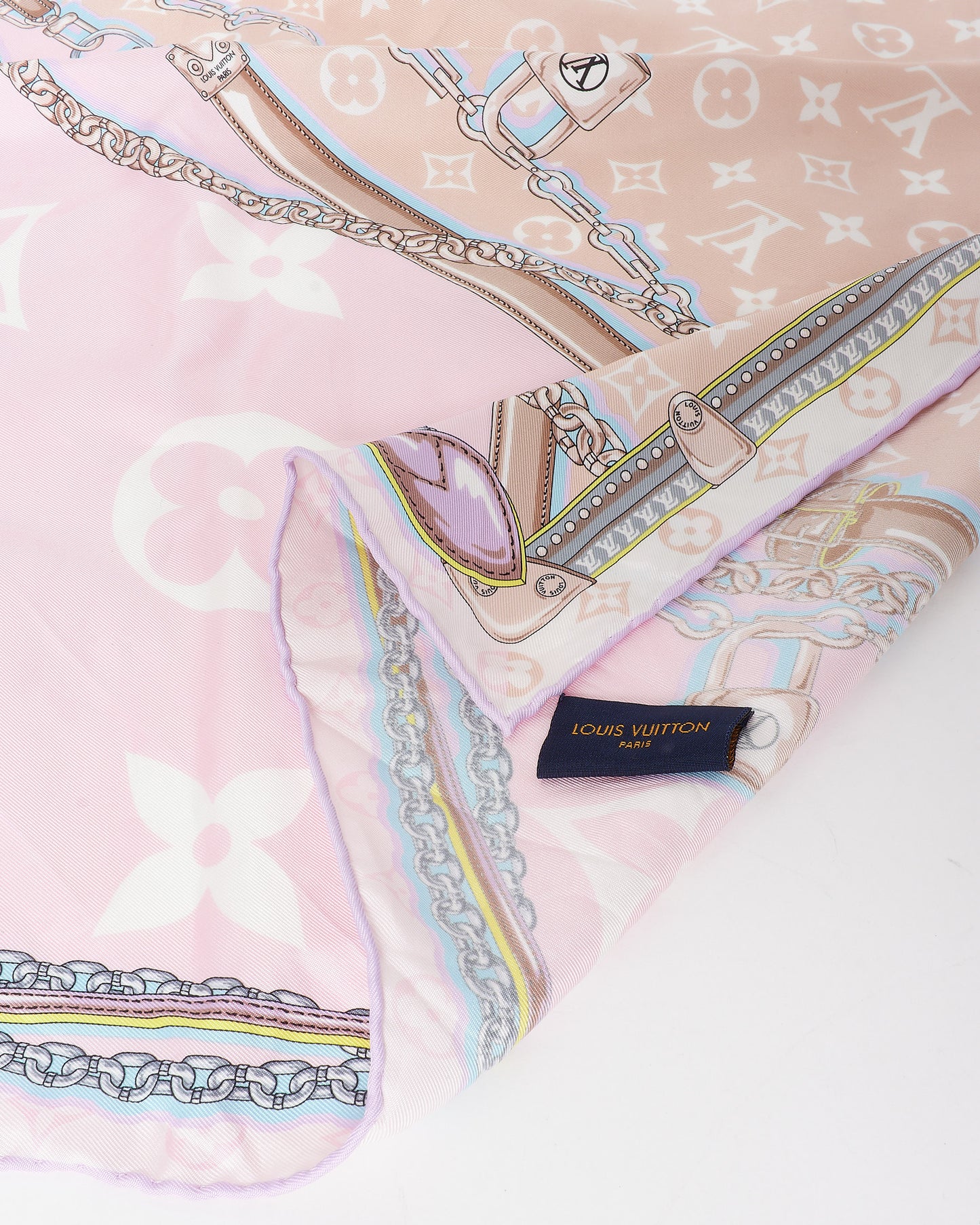 Louis Vuitton Pink Lilac & Blue Chain Square Silk Scarf