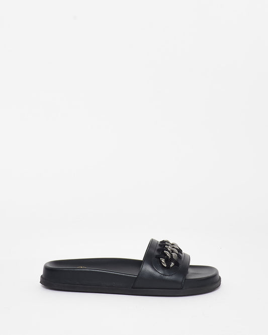 Valentino Black Leather Chain Slides - 37