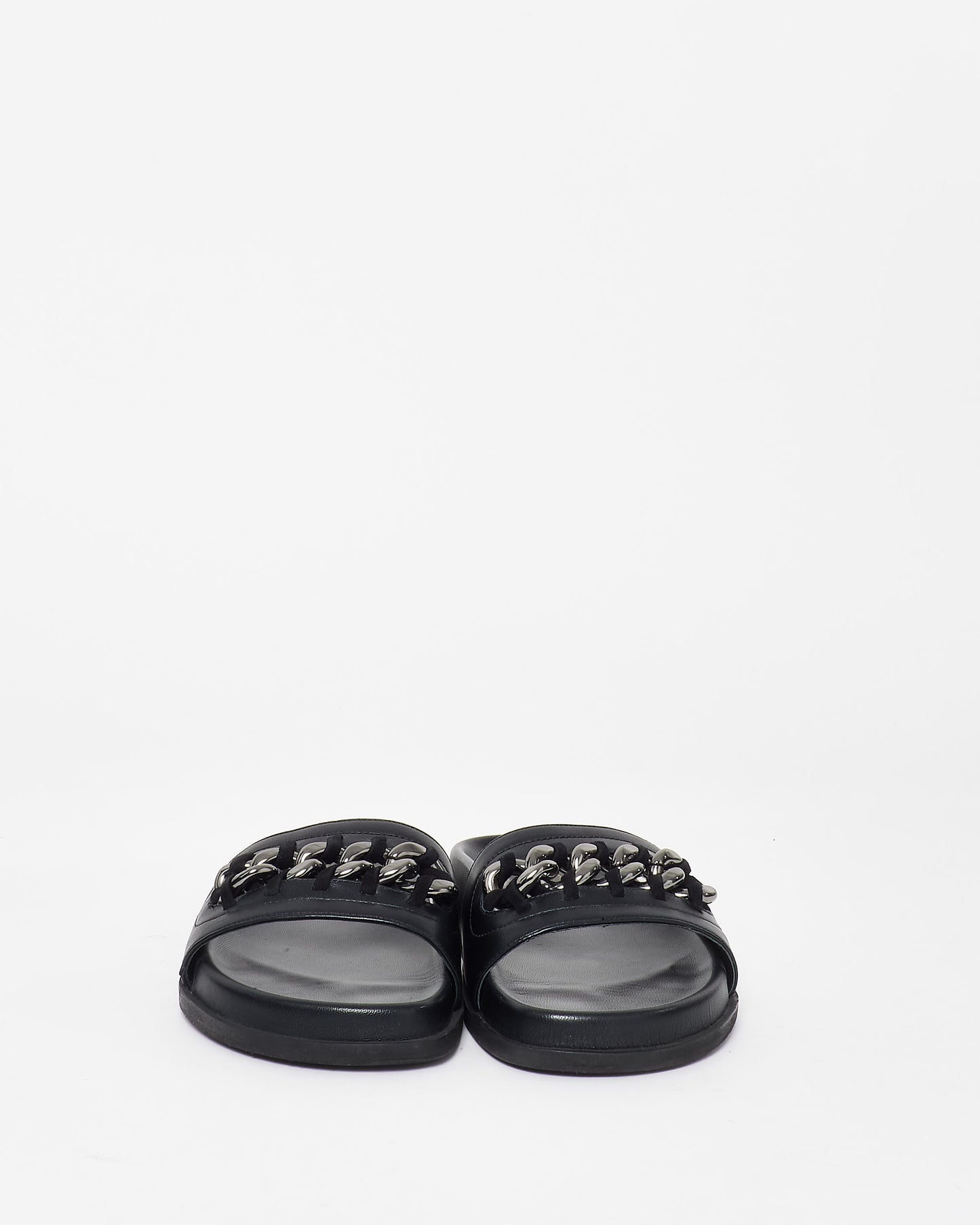 Valentino Black Leather Chain Slides - 37