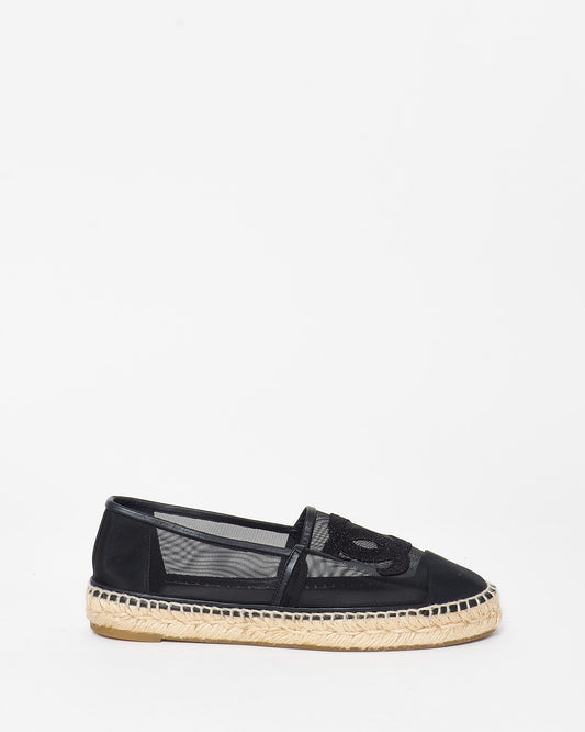 Chanel Black Mesh & Sparkle Logo Espadrilles - 39