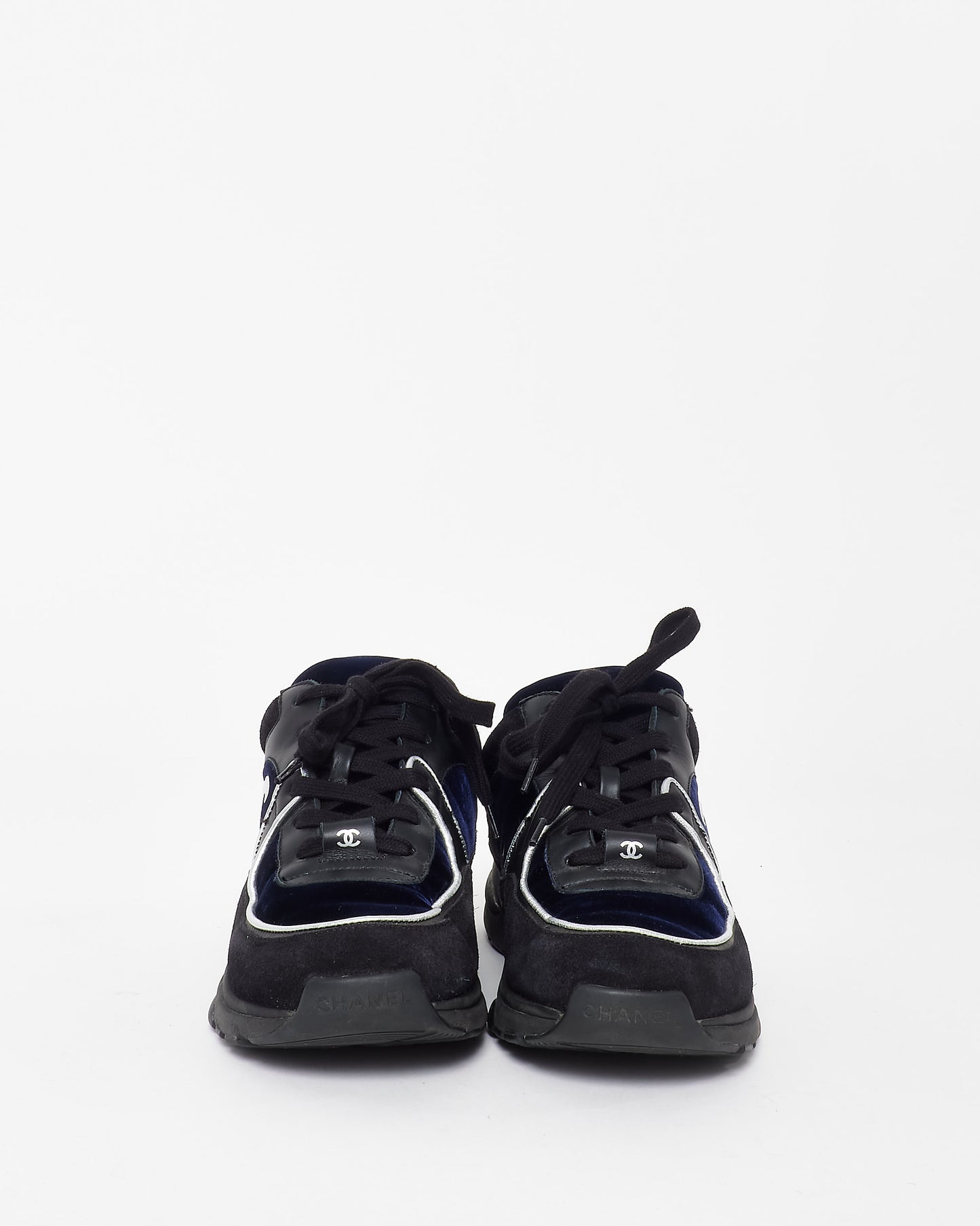 Chanel Black & Navy Blue Velvet Silver Logo Sneakers - 36.5