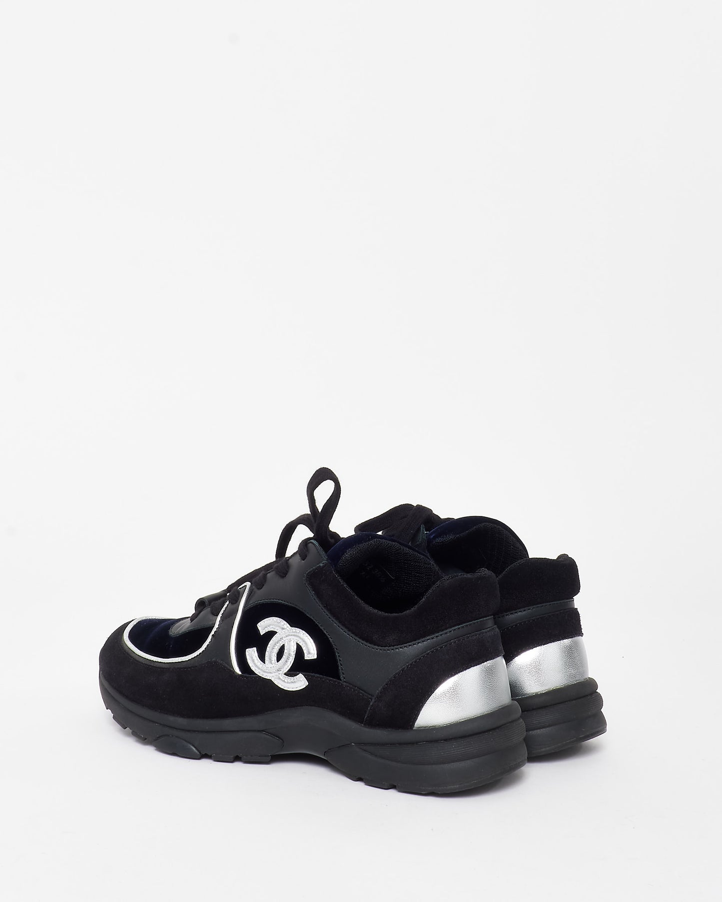 Chanel Black & Navy Blue Velvet Silver Logo Sneakers - 36.5