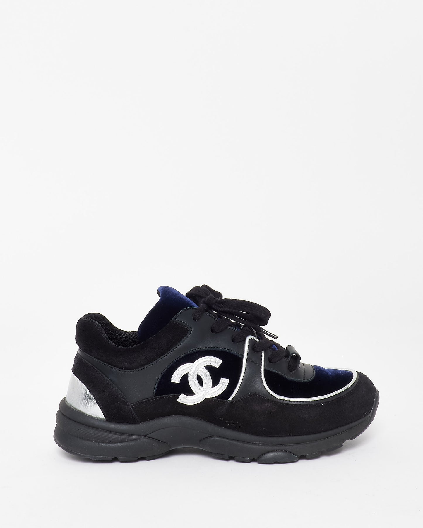 Chanel Black & Navy Blue Velvet Silver Logo Sneakers - 36.5