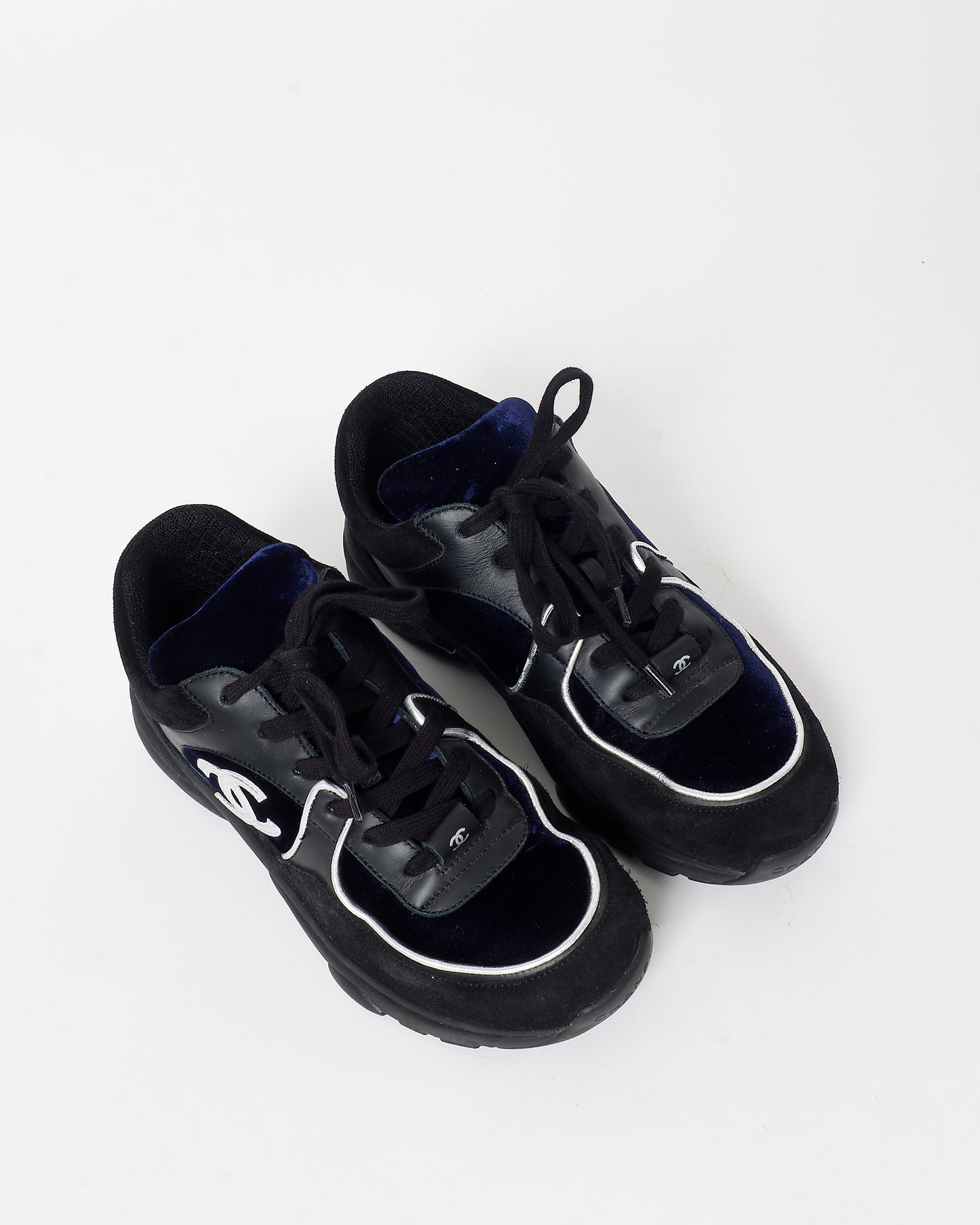 Chanel Black & Navy Blue Velvet Silver Logo Sneakers - 36.5